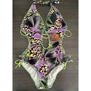 Embellished Monokini Cut Out Swimsuit Beaded Halter Tropical Resort M 34 Spring